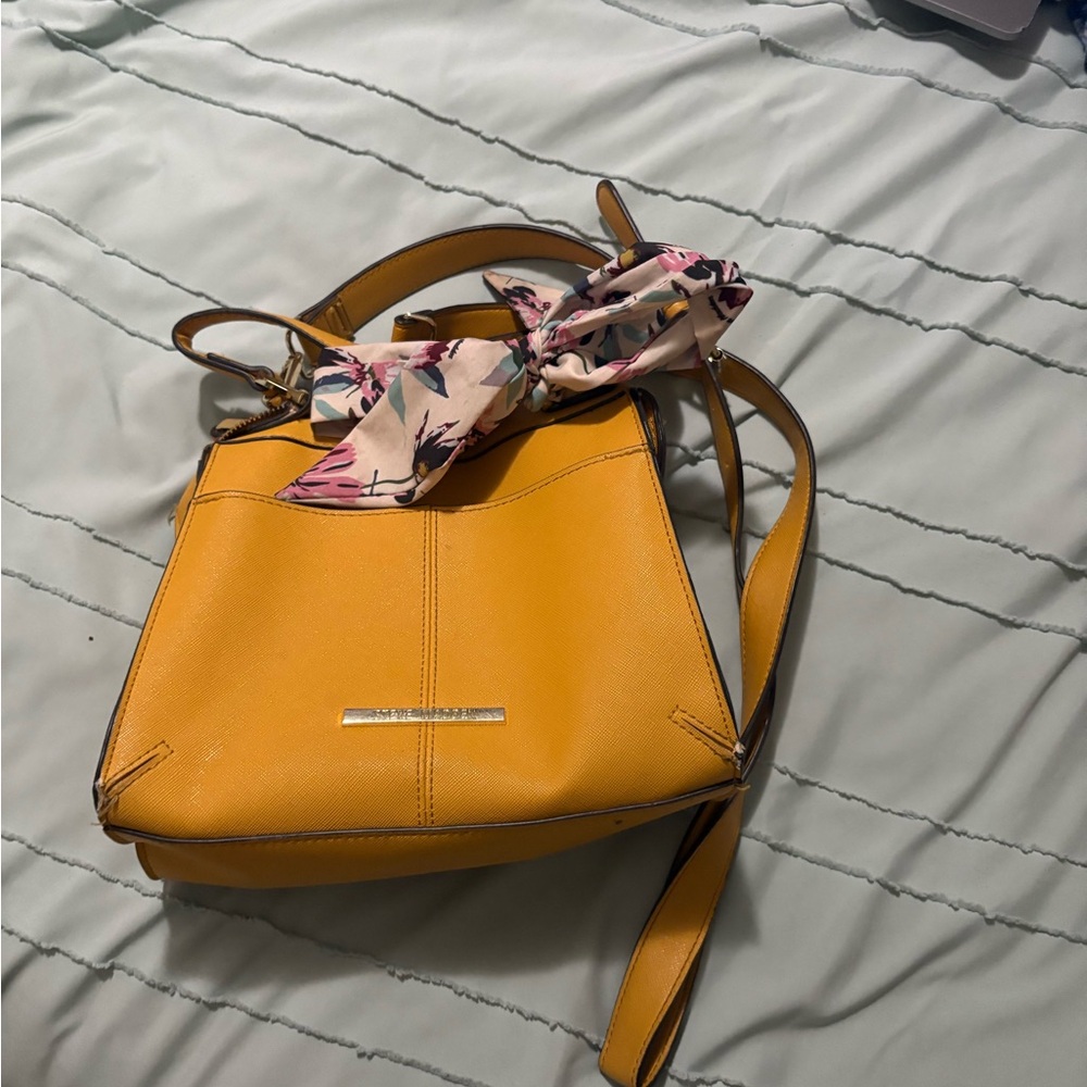 Yellow Handbag with Floral Scarf Accent